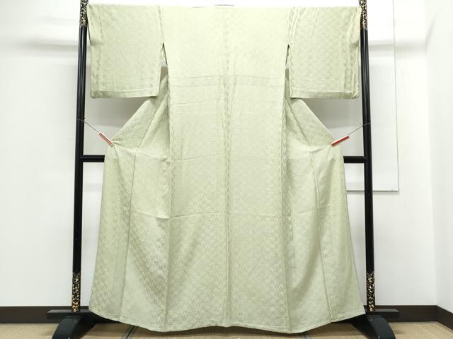 平和屋着物▽上質な色無地　単衣　梅鉢地紋　若葉色　正絹　逸品　CABF7671th