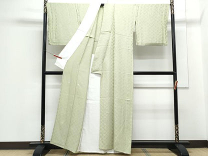 平和屋着物▽上質な色無地　単衣　梅鉢地紋　若葉色　正絹　逸品　CABF7671th