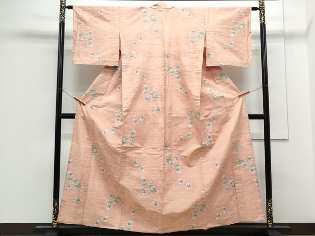 平和屋着物▽上質な紬　単衣　草花文　正絹　逸品　CABF7676th