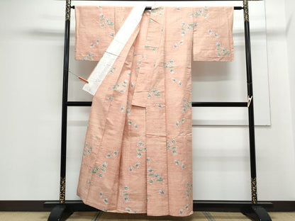 平和屋着物▽上質な紬　単衣　草花文　正絹　逸品　CABF7676th