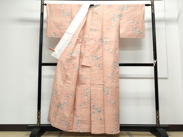 平和屋着物▽上質な紬　単衣　草花文　正絹　逸品　CABF7676th