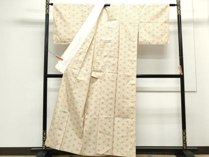 平和屋着物▽上質な紬　単衣　麻の葉文様　正絹　逸品　CABF7680th