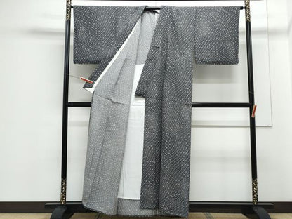 平和屋着物▽上質な小紋　単衣　麻の葉文様　暈し染め　黒地　正絹　逸品　CABF7688th
