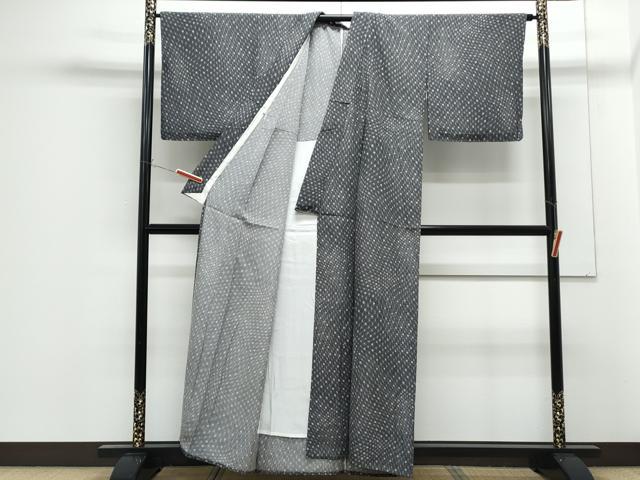 平和屋着物▽上質な小紋　単衣　麻の葉文様　暈し染め　黒地　正絹　逸品　CABF7688th