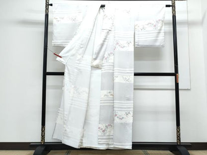 平和屋着物▽上質な小紋　単衣　横段花文　正絹　逸品　CABF7690th