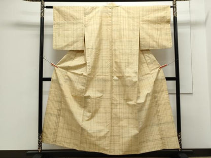 平和屋着物▽上質な紬　単衣　格子文　正絹　逸品　CABF7691th