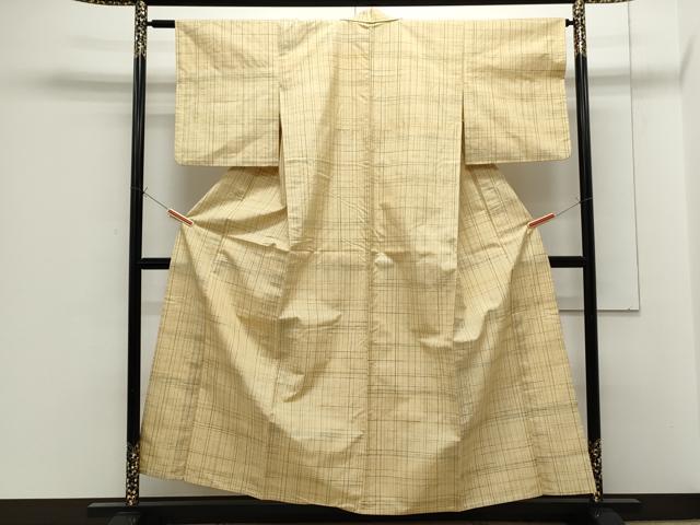 平和屋着物▽上質な紬　単衣　格子文　正絹　逸品　CABF7691th