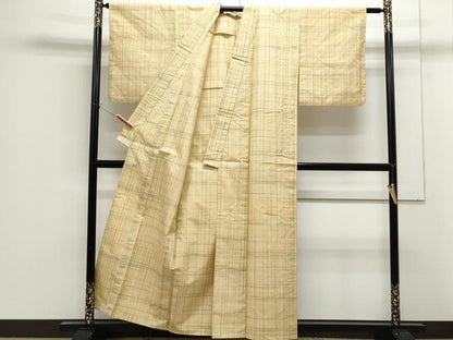 平和屋着物▽上質な紬　単衣　格子文　正絹　逸品　CABF7691th