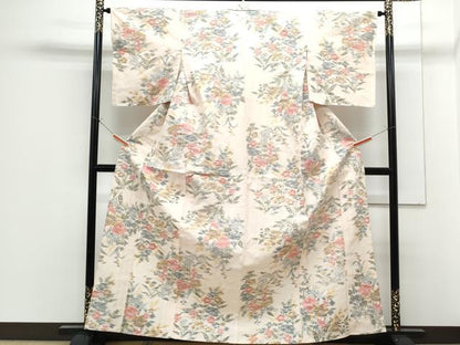 平和屋着物▽上質な紬　単衣　草花文　正絹　逸品　CABF7694th