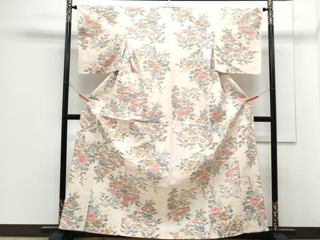 平和屋着物▽上質な紬　単衣　草花文　正絹　逸品　CABF7694th