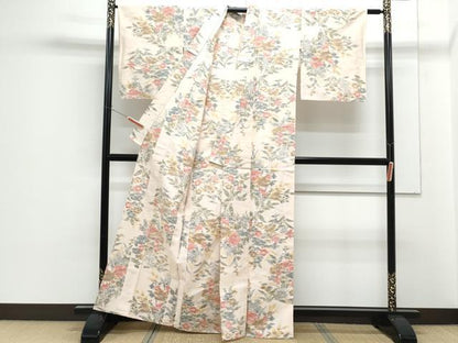 平和屋着物▽上質な紬　単衣　草花文　正絹　逸品　CABF7694th