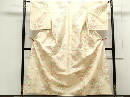 平和屋着物▽上質な紬　単衣　藍波島　草花文　証紙付き　正絹　逸品　CABF7695th