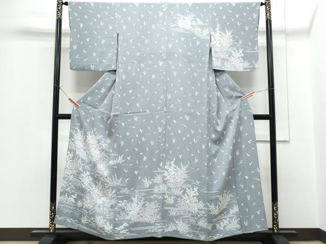 平和屋着物▽訪問着　単衣　流水花文　鬼しぼ縮緬　正絹　逸品　CABF7702th