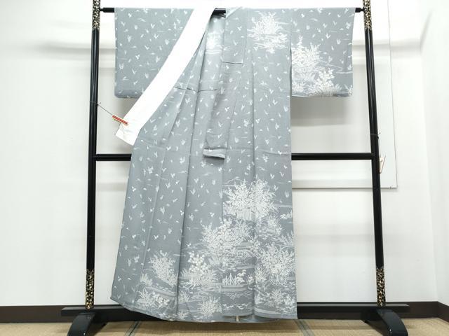 平和屋着物▽訪問着　単衣　流水花文　鬼しぼ縮緬　正絹　逸品　CABF7702th