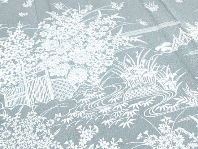 平和屋着物▽訪問着　単衣　流水花文　鬼しぼ縮緬　正絹　逸品　CABF7702th