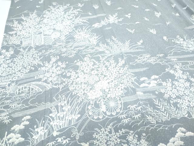 平和屋着物▽訪問着　単衣　流水花文　鬼しぼ縮緬　正絹　逸品　CABF7702th
