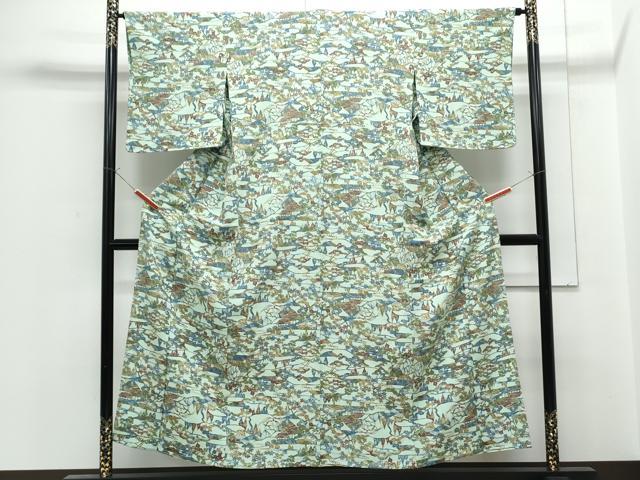 平和屋着物▽上質な小紋　単衣　型染め　風景文　正絹　逸品　CABF7704th