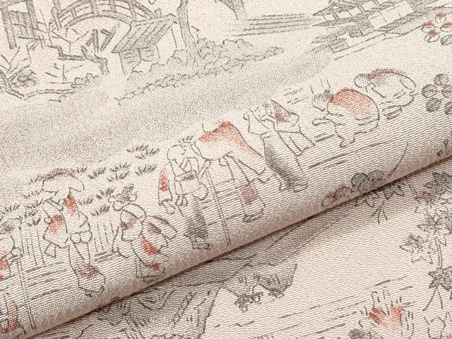 平和屋着物▽上質な小紋　単衣　人物風景文　正絹　逸品　CABF7711th