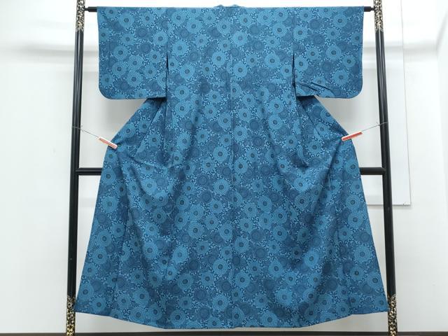 平和屋着物▽小紋　単衣　藍　型染め　花尽し　洗える着物　CABF7715th