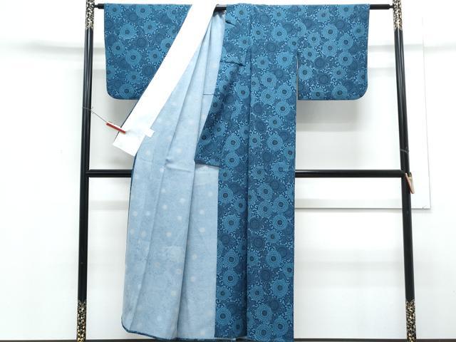 平和屋着物▽小紋　単衣　藍　型染め　花尽し　洗える着物　CABF7715th