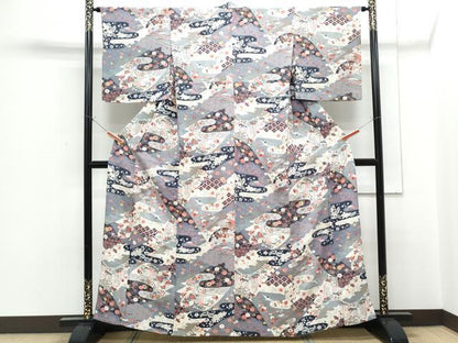 平和屋着物▽上質な小紋　単衣　飛鶴扇面花蝶文　金彩　鬼しぼ縮緬　正絹　逸品　CABF7722th