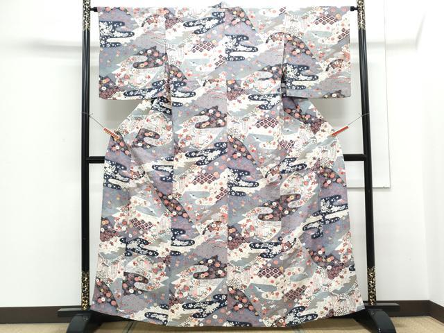 平和屋着物▽上質な小紋　単衣　飛鶴扇面花蝶文　金彩　鬼しぼ縮緬　正絹　逸品　CABF7722th