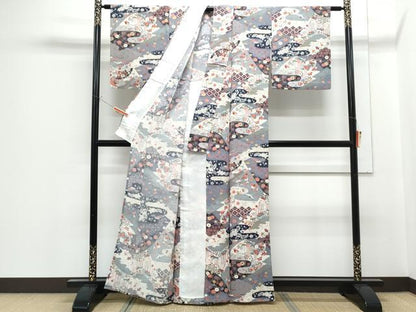 平和屋着物▽上質な小紋　単衣　飛鶴扇面花蝶文　金彩　鬼しぼ縮緬　正絹　逸品　CABF7722th
