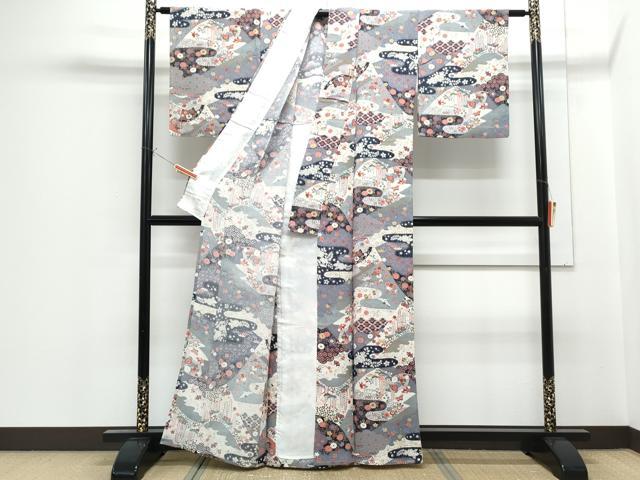 平和屋着物▽上質な小紋　単衣　飛鶴扇面花蝶文　金彩　鬼しぼ縮緬　正絹　逸品　CABF7722th