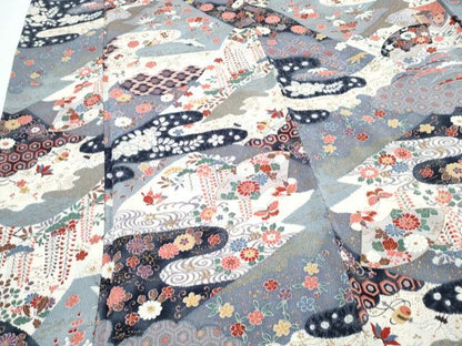 平和屋着物▽上質な小紋　単衣　飛鶴扇面花蝶文　金彩　鬼しぼ縮緬　正絹　逸品　CABF7722th