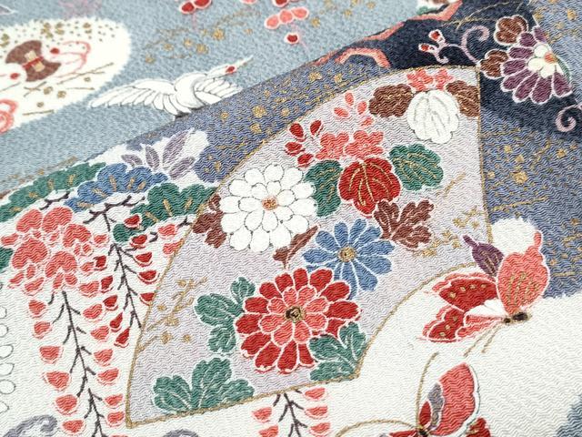 平和屋着物▽上質な小紋　単衣　飛鶴扇面花蝶文　金彩　鬼しぼ縮緬　正絹　逸品　CABF7722th