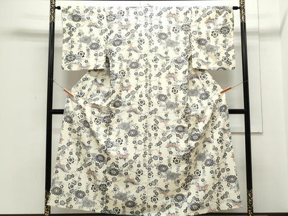 平和屋着物▽上質な小紋　単衣　型染め　花蝶文　正絹　逸品　CABF7724th