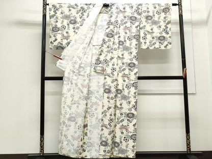 平和屋着物▽上質な小紋　単衣　型染め　花蝶文　正絹　逸品　CABF7724th
