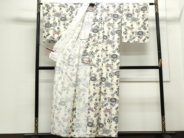 平和屋着物▽上質な小紋　単衣　型染め　花蝶文　正絹　逸品　CABF7724th