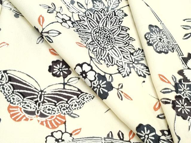 平和屋着物▽上質な小紋　単衣　型染め　花蝶文　正絹　逸品　CABF7724th