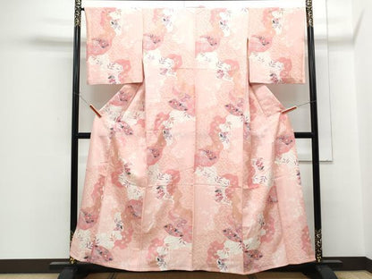 平和屋着物▽上質な小紋　単衣　扇面花文　金彩　正絹　逸品　CABF7741th