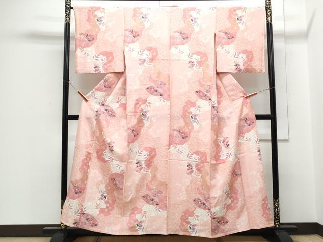 平和屋着物▽上質な小紋　単衣　扇面花文　金彩　正絹　逸品　CABF7741th