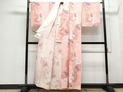 平和屋着物▽上質な小紋　単衣　扇面花文　金彩　正絹　逸品　CABF7741th