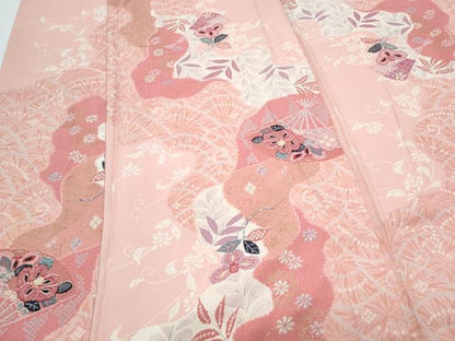 平和屋着物▽上質な小紋　単衣　扇面花文　金彩　正絹　逸品　CABF7741th