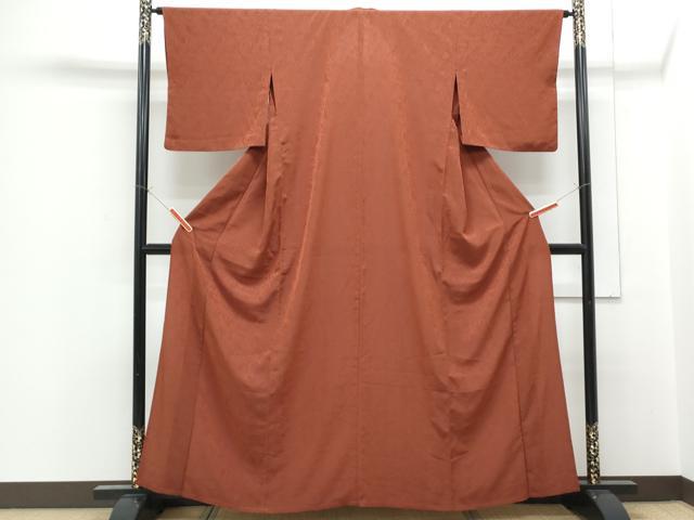 平和屋着物▽上質な色無地　単衣　更紗花地紋　赤銅色　正絹　逸品　CABF7751th