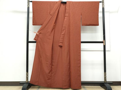 平和屋着物▽上質な色無地　単衣　更紗花地紋　赤銅色　正絹　逸品　CABF7751th