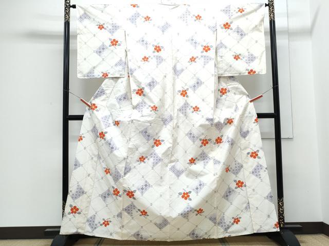 平和屋着物▽上質な紬　単衣　菱枝花文　正絹　逸品　CABF7755th