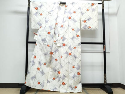 平和屋着物▽上質な紬　単衣　菱枝花文　正絹　逸品　CABF7755th
