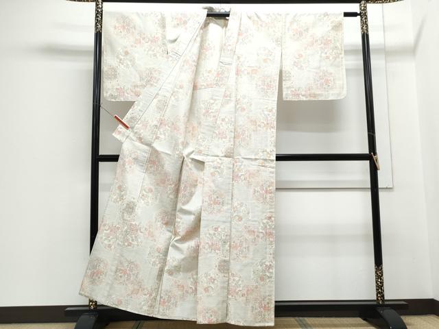 平和屋着物▽上質な紬　単衣　絵皿花文　正絹　逸品　CABF7761th