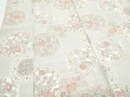 平和屋着物▽上質な紬　単衣　絵皿花文　正絹　逸品　CABF7761th