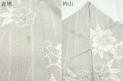 平和屋着物▽塩沢紬　単衣　草花文　正絹　逸品　CABF7764th
