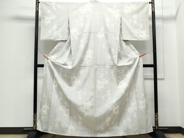 平和屋着物▽塩沢紬　単衣　草花文　正絹　逸品　CABF7764th
