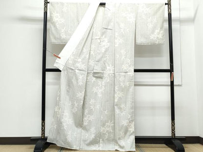 平和屋着物▽塩沢紬　単衣　草花文　正絹　逸品　CABF7764th