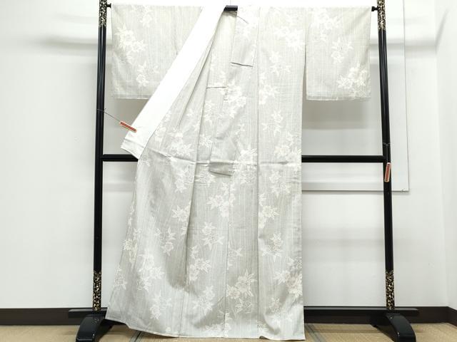 平和屋着物▽塩沢紬　単衣　草花文　正絹　逸品　CABF7764th