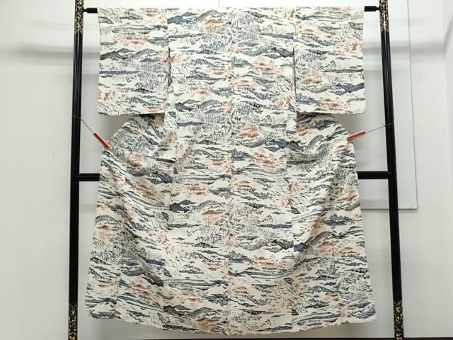平和屋着物▽上質な小紋　単衣　型染め　風景文　正絹　逸品　CABF7768th