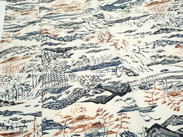 平和屋着物▽上質な小紋　単衣　型染め　風景文　正絹　逸品　CABF7768th